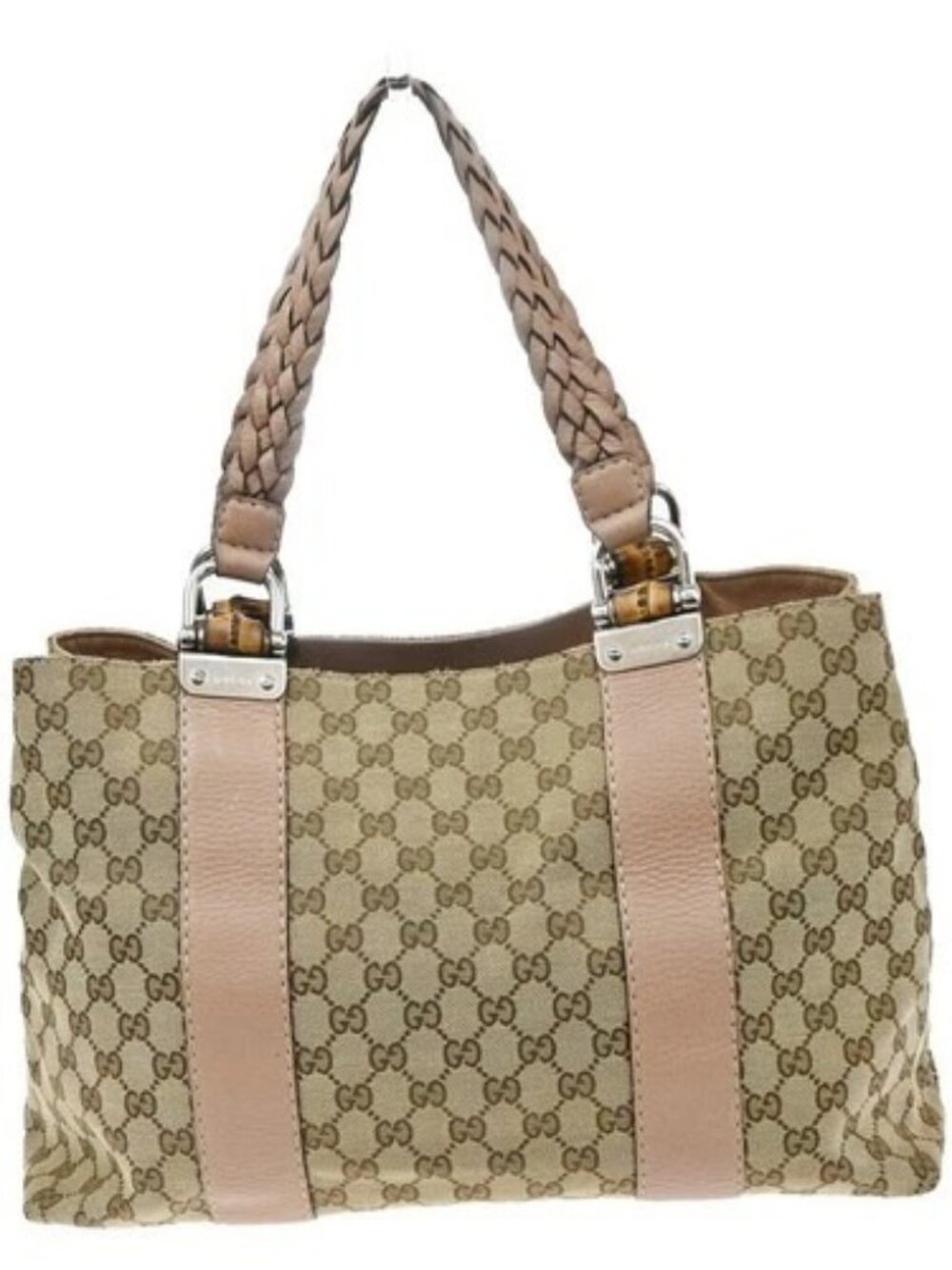 GUCCI Logo GG Bamboo Shoulder Tote Bag Canvas Leather Pink Beige Italy 32KD837